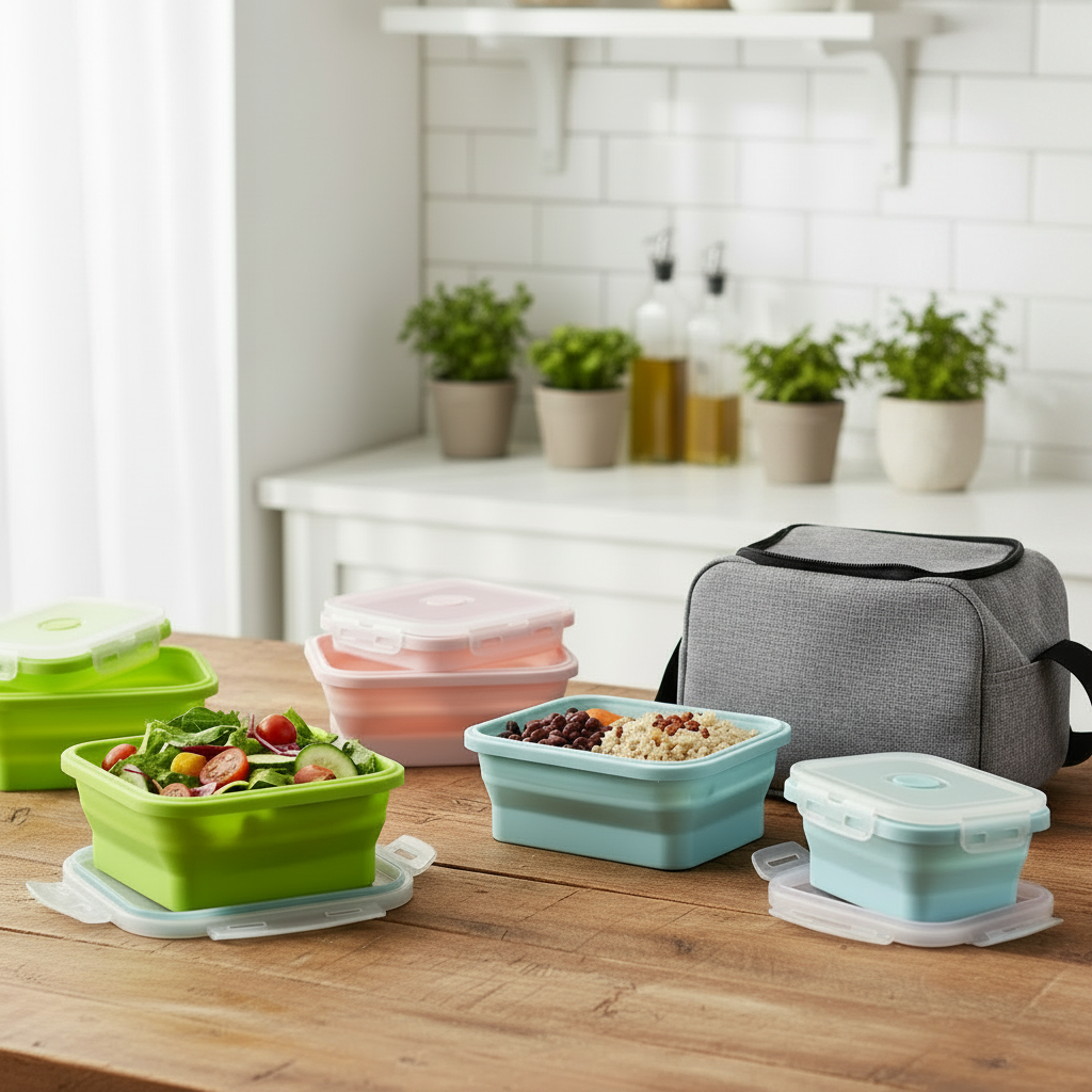 Boîte repas silicone carrée pliable - coloris Rose - PLISSÉ