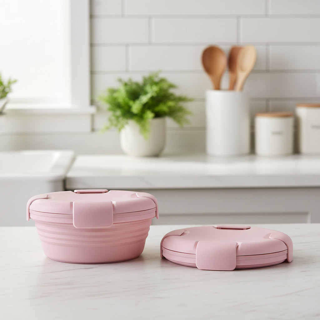 Boîte de conservation télescopique silicone LFGB - coloris Rose nordique - PLISSÉ