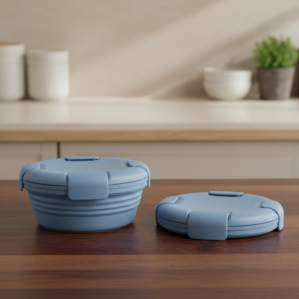 Boîte de conservation télescopique silicone LFGB - coloris Bleu nordique - PLISSÉ