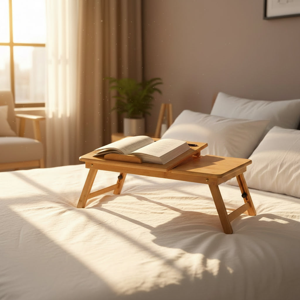 Table de lit pliable bambou avec tiroir - vue de face - PLISSÉ