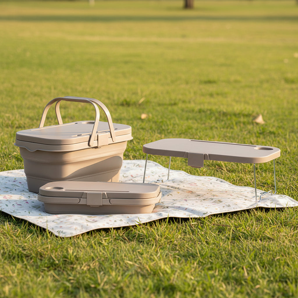 Panier pique-nique camping pliable - coloris Beige - PLISSÉ