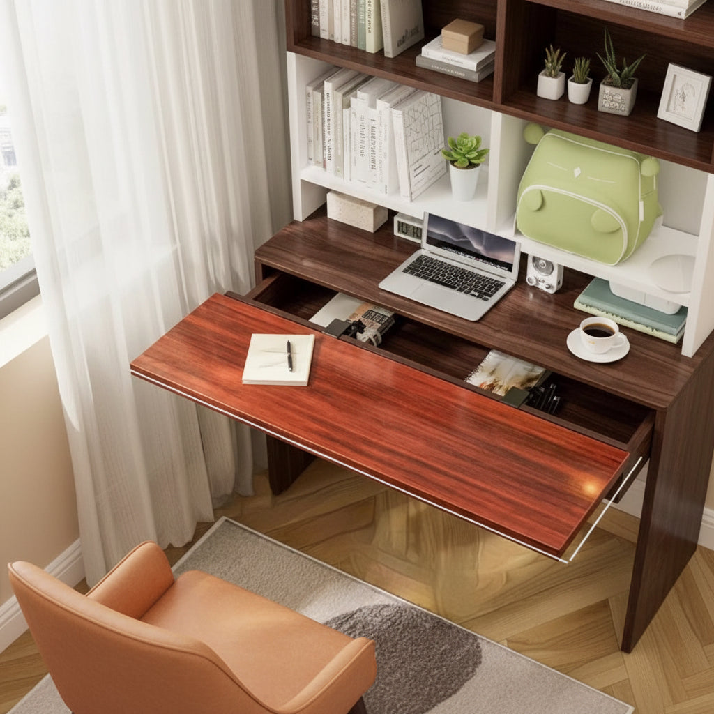 Rallonge de bureau pliable avec tiroir - coloris Bois foncé - PLISSÉ