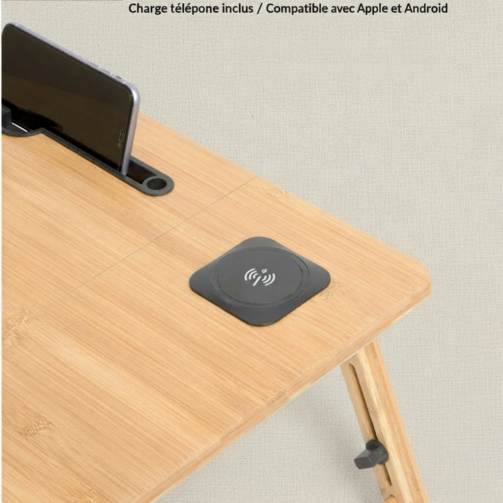 Table de lit pliable bambou avec tiroir - vue en situation - PLISSÉ