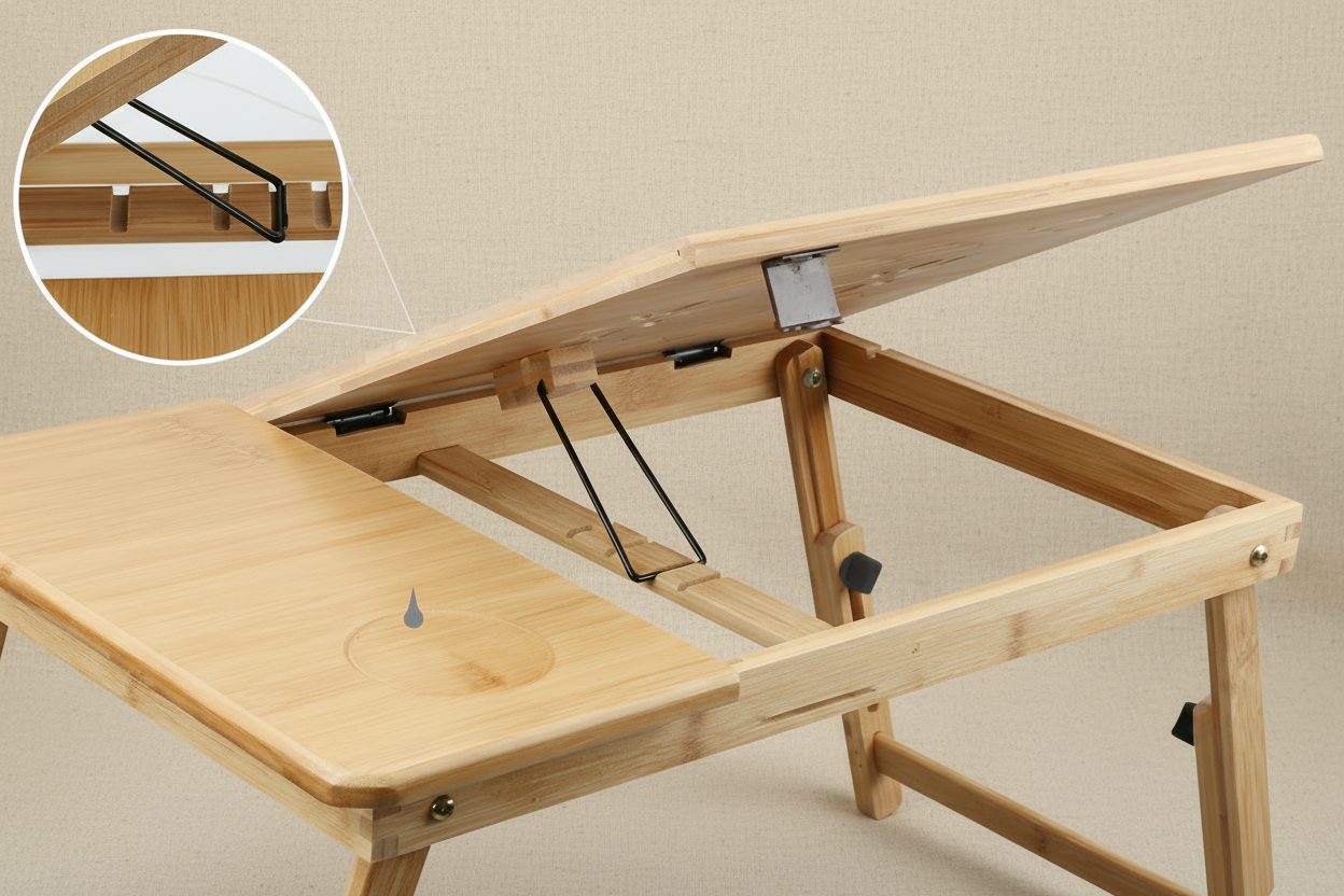 Table de lit pliable bambou avec tiroir - vue de profil - PLISSÉ