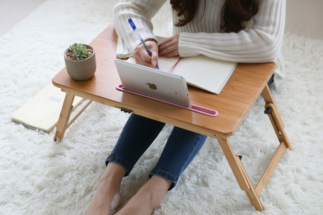 Table de lit pliable bambou avec tiroir - vue de trois quarts - PLISSÉ