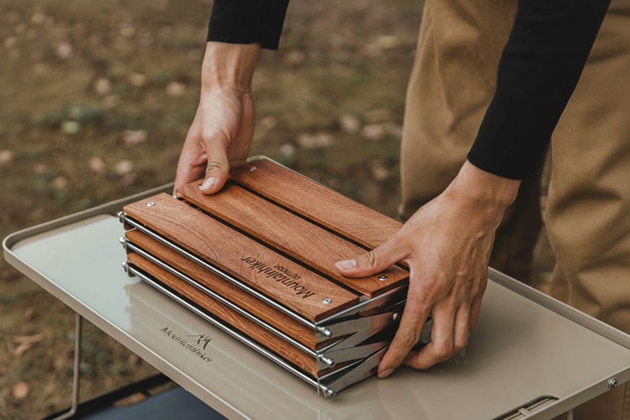 Table étagère camping pliable 3 niveaux - vue de trois quarts - PLISSÉ
