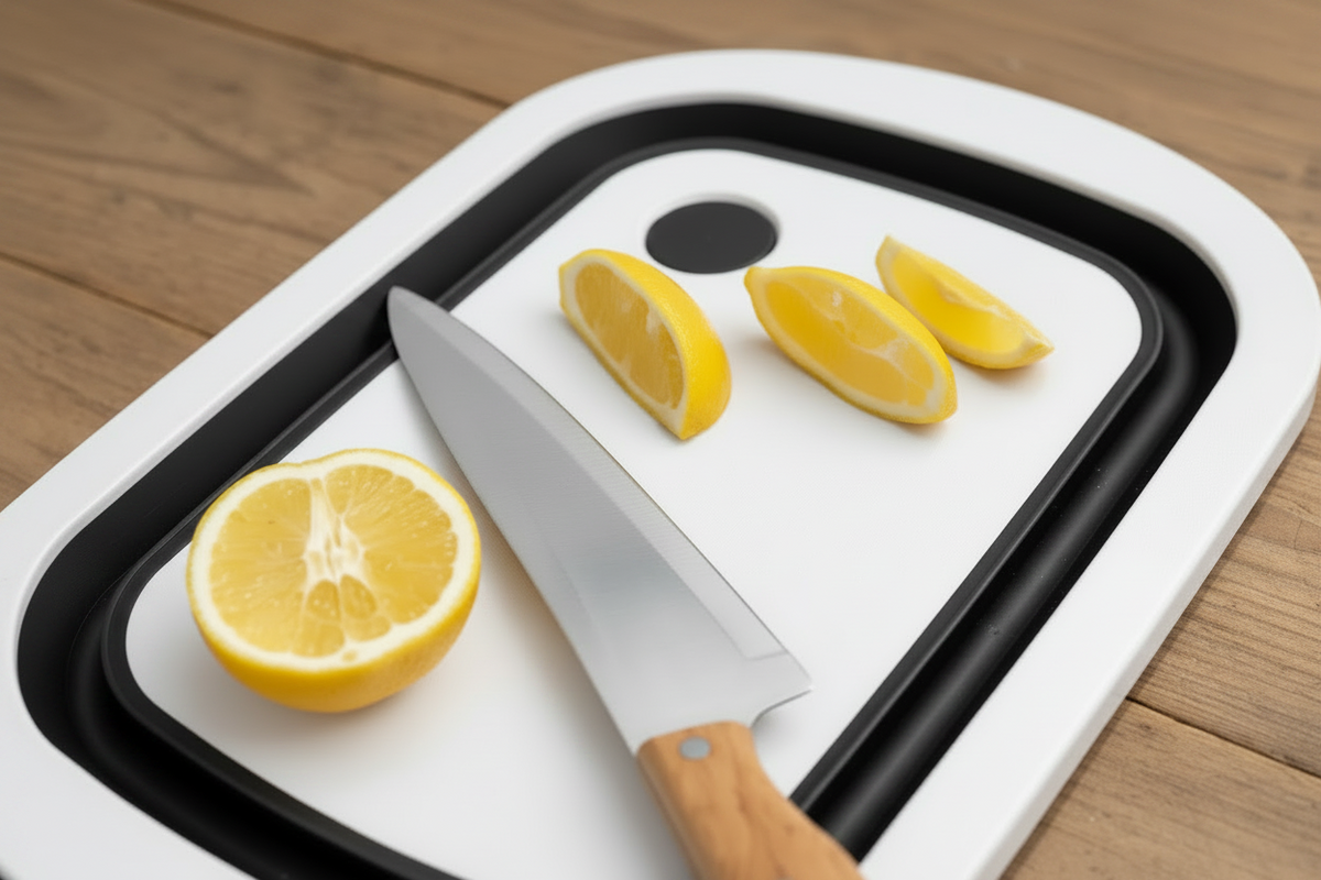 Planche à découper pliable + bac lavage - vue de face - PLISSÉ
