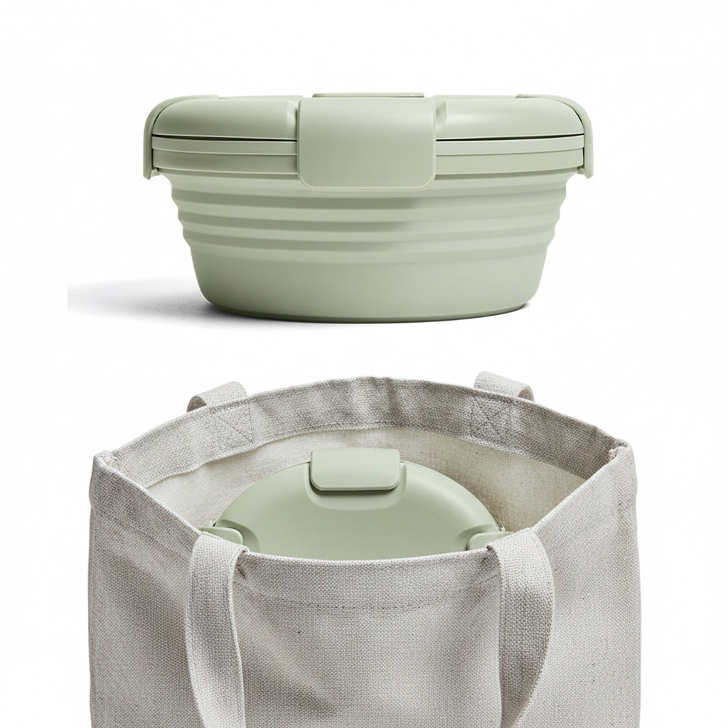 Boîte de conservation télescopique silicone LFGB - coloris Vert nordique - PLISSÉ