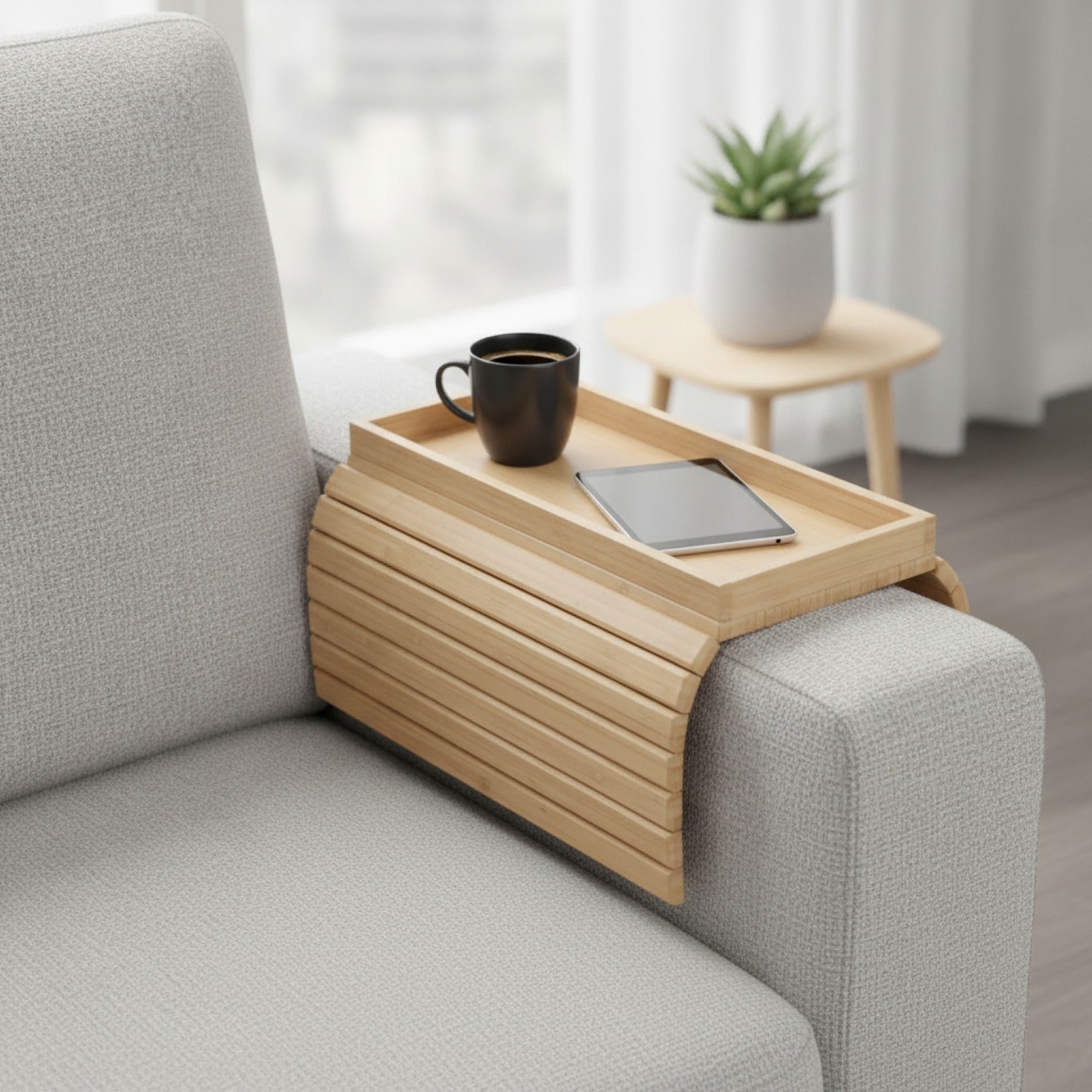 Plateau de rangement pliable canapé bois - vue de face - PLISSÉ