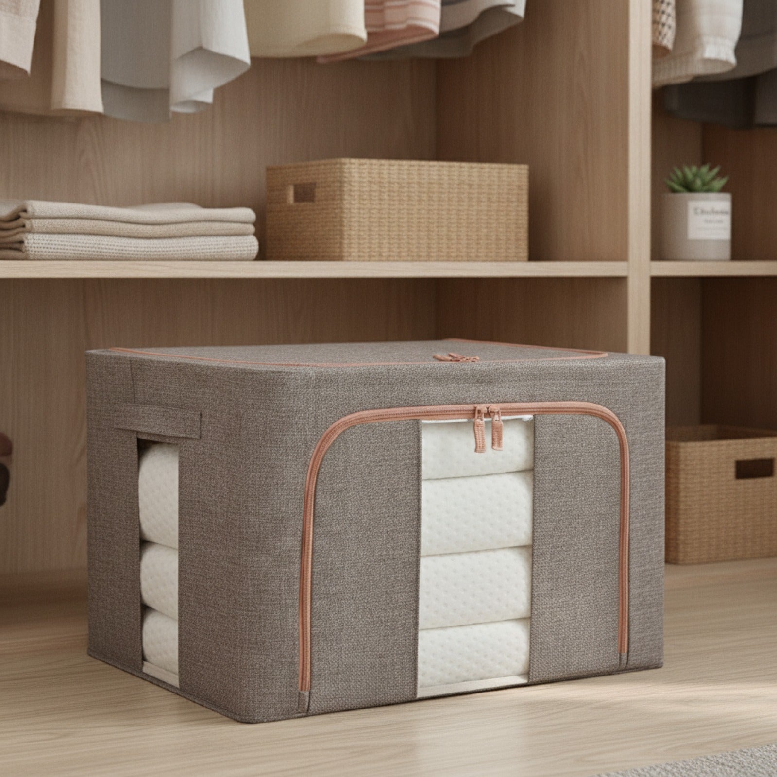 Boîte de rangement renforcée coton lin - vue de trois quarts - PLISSÉ