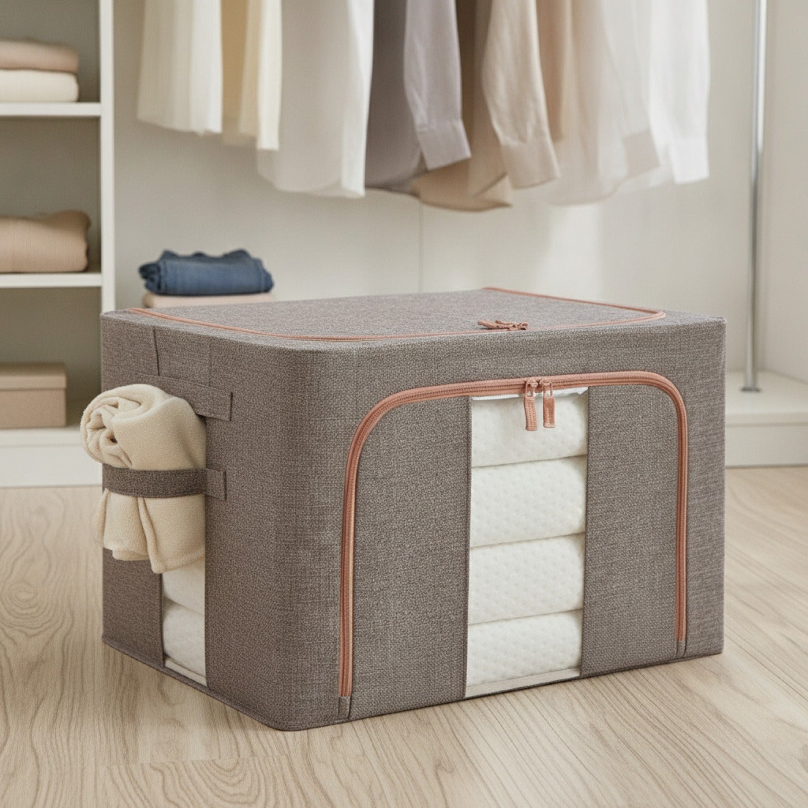Boîte de rangement renforcée coton lin - vue de profil - PLISSÉ